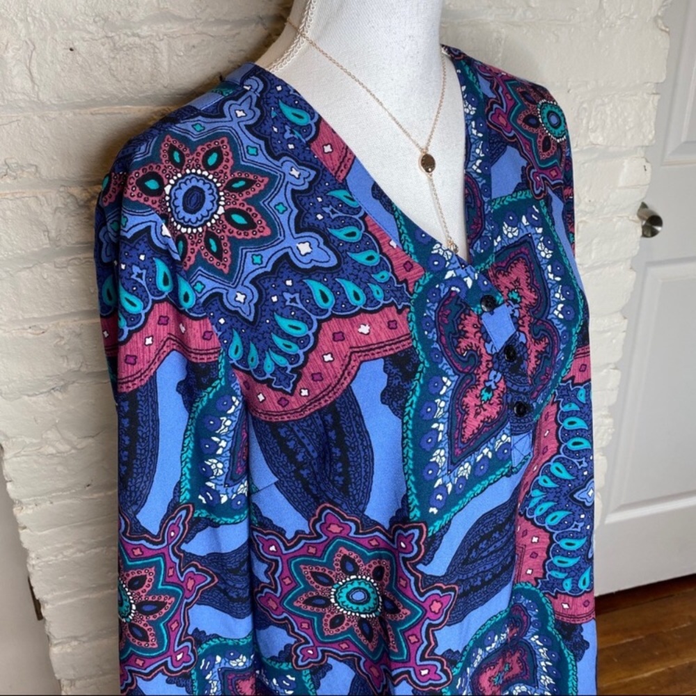 Denim & Co Blue Floral Long Sleeve Blouse M —#011 - Picture 3 of 7